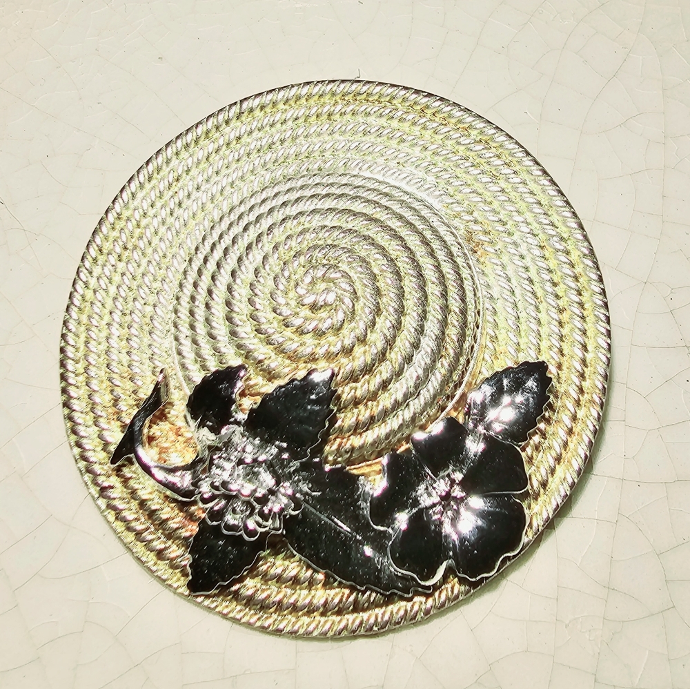 Large silver sun hat with flowers brooch, cottagecore, coastal grandma farmer
